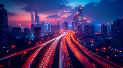 A dynamic view of a bustling cityscape at night, featuring streaks of light on the highway.