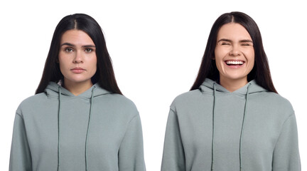 Woman showing different emotions on white background, collage
