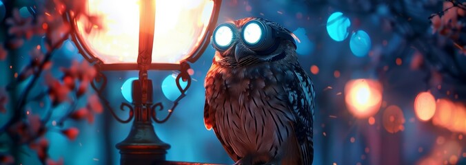 A cute of a nocturnal owl wearing nightvision goggles, perched on a lamppost at night, portrait with cyberpunk 80s styles
