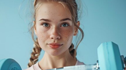 A focused young woman with braided hair engaging in strength training, confidently lifting weights against a blue background - Generative AI - Generative AI