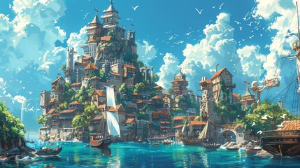 Set sail to an imaginative realm where Isekai and Maritime adventures collide, visualized through a digital masterpiece Engage viewers with unexpected camera angles, showcasing intricate vector detail