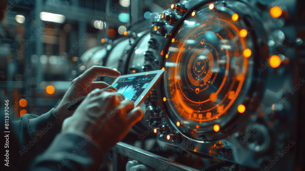 Poster futuristic technology scene with a person interacting with a complex digital interface in a high-tec