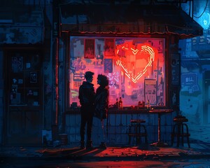 Show a love tale in an unconventional way, mixed with blockchain symbols, using unexpected camera views Pixel art