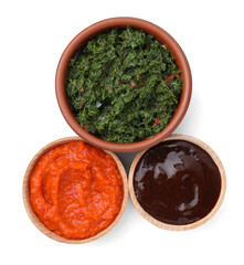 Different fresh marinades in bowls isolated on white, top view