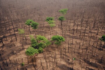 Deforested areas and fragmented landscapes, symbolizing the loss of biodiversity and habitat destruction, Deforestation, Global warming, Climate change