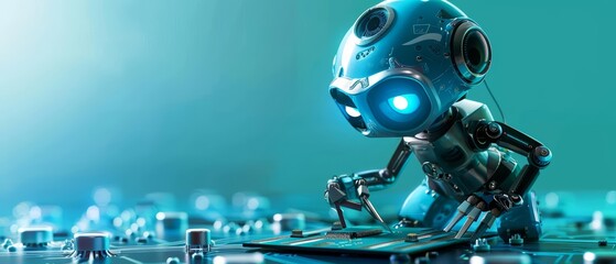 A tiny futuristic robot engaged in repairing a circuit board, showcasing advanced technology, model isolated on solid color background