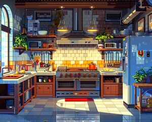Transport your audience to a vibrant digital kitchen through a wide-angle perspective, showcasing culinary art in pixel art style enhanced by  lighting techniques