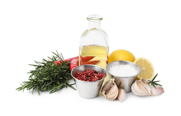 Different fresh ingredients for marinade on white background