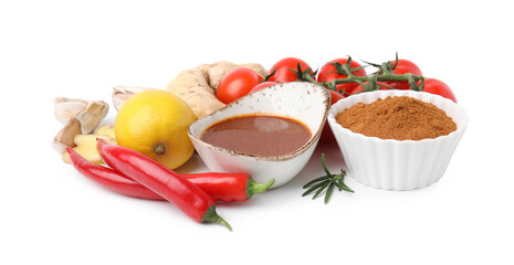 Different fresh ingredients for marinade on white background