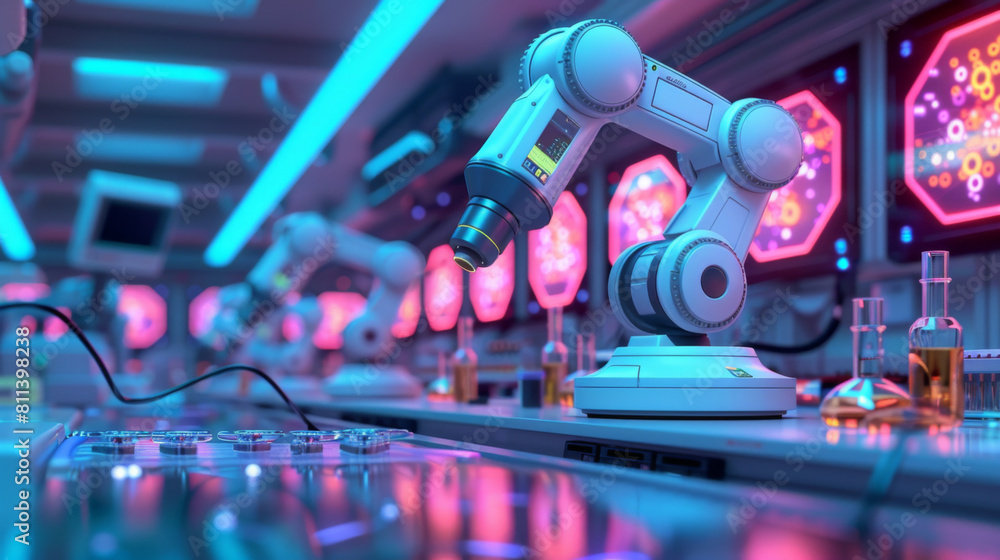 Poster a futuristic robotic arm engaged in precise tasks within a high-tech laboratory setting, surrounded 