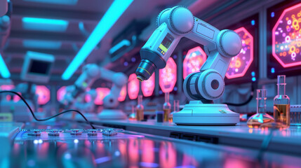 A futuristic robotic arm engaged in precise tasks within a high-tech laboratory setting, surrounded by vibrant lights.