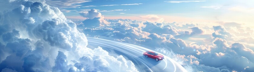 An automobile carefully maneuvering along a winding route above the clouds, underscoring the obstacles on the path to reaching an objective