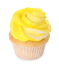 Delicious cupcake with bright cream isolated on white
