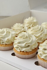 Tasty cupcakes with vanilla cream in box, closeup