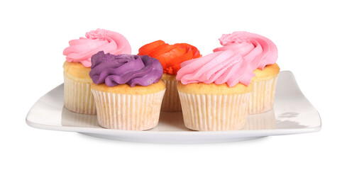 Delicious cupcakes with bright cream isolated on white