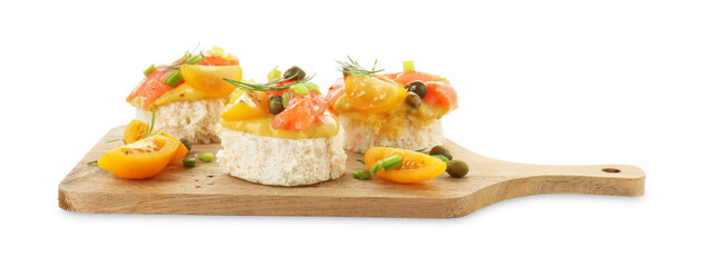 Tasty canapes with salmon, tomatoes, capers and herbs isolated on white