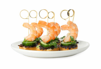 Tasty canapes with shrimps, greens and cucumber isolated on white
