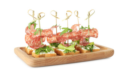 Tasty canapes with salami, greens and cream cheese isolated on white