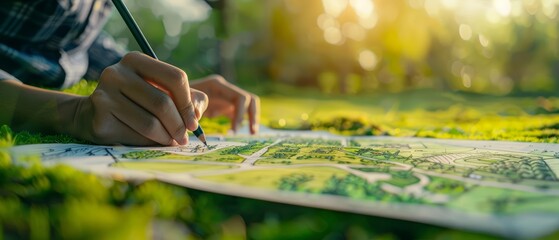 Closeup half body of a landscape designer with Glow HUD big icon of a garden layout