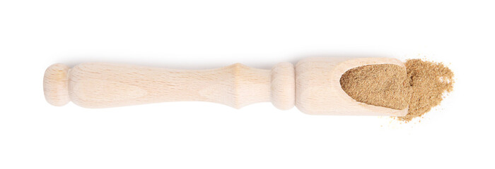 Dietary fiber. Psyllium husk powder in scoop isolated on white, top view