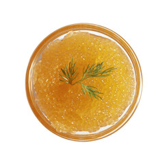 Fresh pike caviar in bowl isolated on white, top view