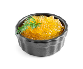 Fresh pike caviar in bowl isolated on white