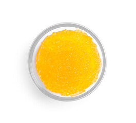 Fresh pike caviar in bowl isolated on white, top view