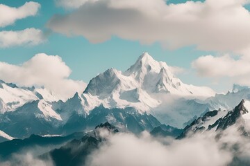 Snow-capped mountain peaks rising into the clouds, creating a stunning alpine landscape