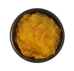 Fresh pike caviar in bowl isolated on white, top view
