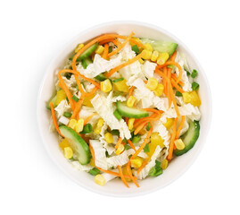 Tasty salad with Chinese cabbage, carrot, corn and cucumber in bowl isolated on white, top view