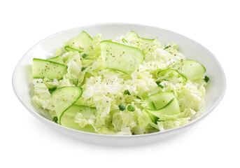 Tasty salad with Chinese cabbage, cucumber and green onion in bowl isolated on white