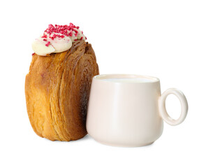 Round croissant with cream and cup of drink isolated on white. Tasty puff pastry