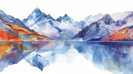Creative watercolor of a serene mountain lake, reflecting the crisp, snowcapped peaks above, in minimal styles, clipart watercolor on white background