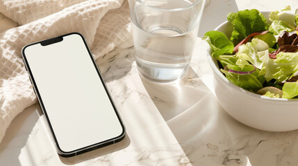 White Screen Smartphone Mockup with Salad on Marble Table: Top View of Blank Screen Mobile Phone, Salad, Glass of Water and Napkin
