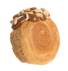 One supreme croissant with chocolate paste and nuts on white background. Tasty puff pastry