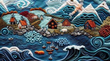 Fototapeta premium close-up macro photo shot of embroidery Scandinavian village. Beautiful landscape with mountains, volcanoes, ocean, Scandi houses, Nordic culture. Original handmade decor, embroidery, sewing, knitting