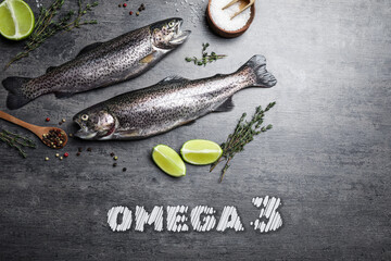 Omega 3. Fresh fish, lime and spices on grey table, flat lay