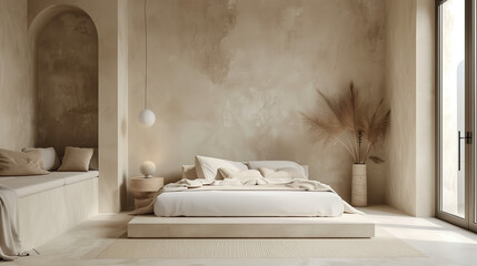 
Minimalist interior design of modern bedroom with beige stucco wall.Modern bedroom decor, Beige stucco wall accent, Minimalist bedroom ideas, Contemporary bedroom design