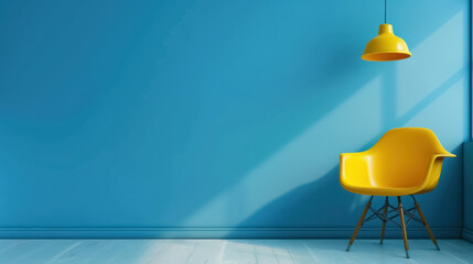 minimalist blue interior design with yellow chair for contemporary home decor, with copy space for text