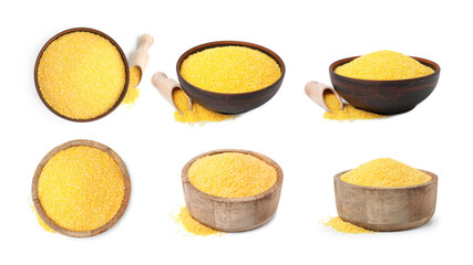Set with uncooked cornmeal in bowls isolated on white, top and side views