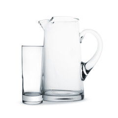 Empty glass and jug isolated on white