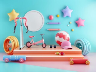 Empty studio with podium of athletic gear, presenting a dynamic range of sports equipment in retro styles, kawaii template sharpen with copy space