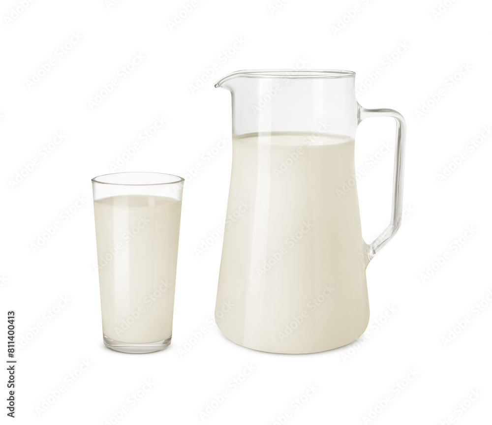 Poster Glass and jug with milk isolated on white