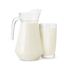 Glass and jug with milk isolated on white