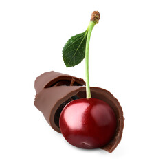 Fresh cherry and chocolate curl isolated on white