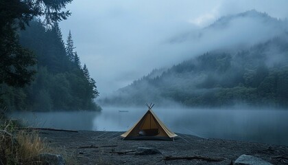 a lone tent set up near a misty lake or river, surrounded by dense evergreen forests. The scene has a moody, atmospheric quality, with fog or mist hanging heavily over the water and the distant hills