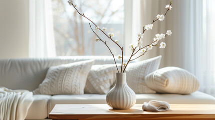 
Vase with blossom twig on wooden coffee table near white sofa with pillows against window. Minimalist scandinavian home interior design of modern living room ,Picture yourself lounging on a cozy