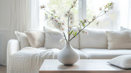 
Vase with blossom twig on wooden coffee table near white sofa with pillows against window. Minimalist scandinavian home interior design of modern living room ,Picture yourself lounging on a cozy