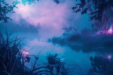 Fototapeta na wymiar Fantasy landscape of a mystical marsh, where neon bioluminescent plants illuminate the foggy night, styled in retro colors with a banner sharpen with copy space