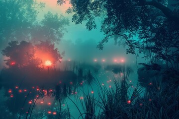 Fantasy landscape of a mystical marsh, where neon bioluminescent plants illuminate the foggy night,...